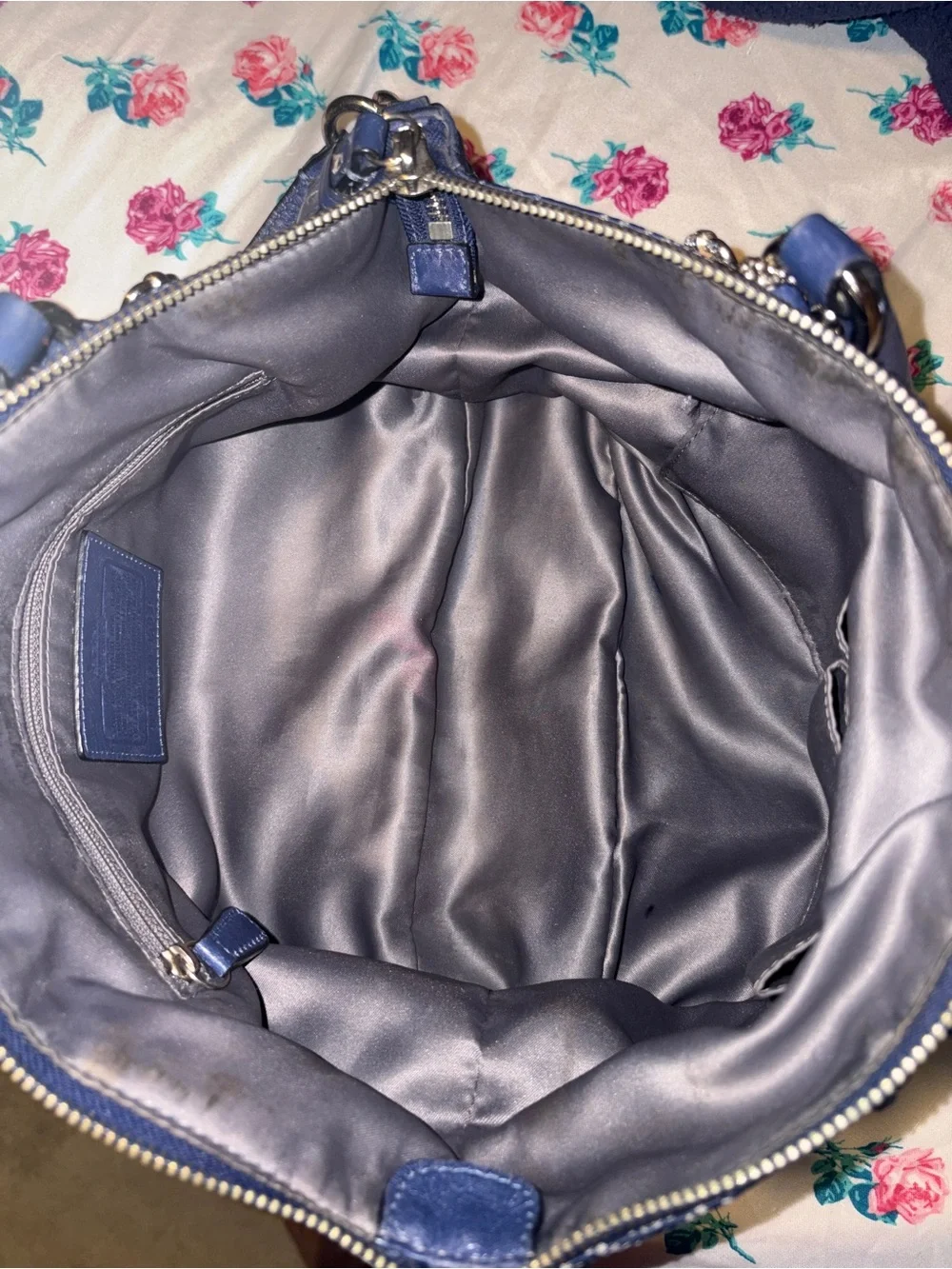 Coach Navy Circle Signature Satchel with Leather Trim